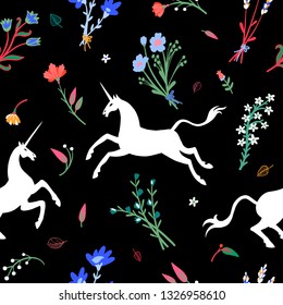 Seamless pattern. Unicorns among flowers and herbs. Set of beautiful wildflowers. Night bloom. Great for fabric, wrapping paper, for Halloween greeting cards and more.