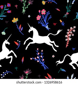 Seamless pattern. Unicorns among flowers and herbs. Beautiful wildflowers. Night bloom. Great for fabric, wrapping paper, for Halloween greeting cards and more.