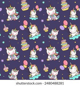 Patrón sin fisuras con unicornios, pasteles, estrellas, confeti. Fondo oscuro en estilo de dibujos animados para la fiesta de cumpleaños.
