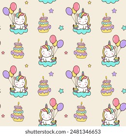 Seamless pattern with unicorns, cakes, stars, confetti. Vector background in cartoon style for birthaday party.