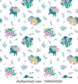 Seamless pattern unicorns. Childish girly design with horses and flowers, calm shades of color. Vector flat illustration. Design for paper, cover, fabric, interior decor and other users.