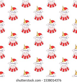 seamless pattern with unicorns in a Christmas hat and scarf. Soft pastel colors of a unicorn and a bright red scarf and hats