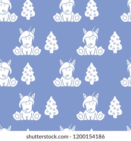 Seamless pattern with unicorns and Christmas tree. Christmas and New Year 2019 background. Design for wrapping, fabric, print.