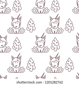 Seamless pattern with unicorns and Christmas tree. Christmas and New Year 2019 background. Design for wrapping, fabric, print.