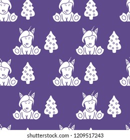 Seamless pattern with unicorns and Christmas tree. Christmas and New Year 2019 background. Design for wrapping, fabric, print.