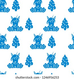 Seamless pattern with unicorns and Christmas tree. Christmas and New Year 2019 background. Design for wrapping, fabric, print.
