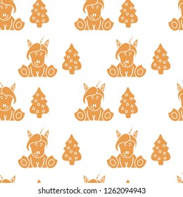 Seamless pattern with unicorns and Christmas tree. Christmas and New Year 2019 background. Design for wrapping, fabric, print.