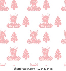 Seamless pattern with unicorns and Christmas tree. Christmas and New Year 2019 background. Design for wrapping, fabric, print.