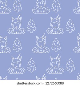 Seamless pattern with unicorns and Christmas tree. Christmas background. Design for wrapping, fabric, print.