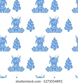 Seamless pattern with unicorns and Christmas tree. Christmas and New Year 2019 background. Design for wrapping, fabric, print.