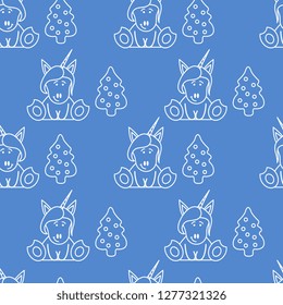 Seamless pattern with unicorns and Christmas tree. Christmas and New Year 2019 background. Design for wrapping, fabric, print.