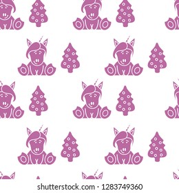 Seamless pattern with unicorns and Christmas tree. Christmas and New Year 2019 background. Design for wrapping, fabric, print.