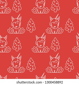 Seamless pattern with unicorns and Christmas tree. Christmas and New Year 2019 background. Design for wrapping, fabric, print.