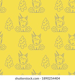 Patrón sin problemas con unicornios y árbol de Navidad. Antecedentes de Navidad y Año Nuevo. Diseño para envoltura, tela, impresión. Iluminación y gris extremo.