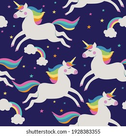 Seamless pattern with unicorns, clouds, rainbows, stars on blue background. Vector illustration. 