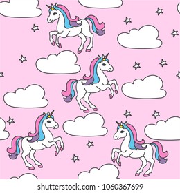 Seamless pattern with unicorns, clouds and stars.. Baby background.