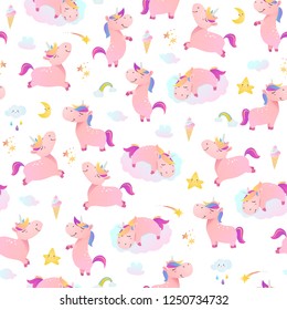Seamless pattern with unicorns, clouds, stars and rainbows.
