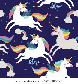 Seamless pattern with unicorns , clouds, stars and rainbows . Vector illustration. 