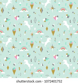 Seamless pattern with unicorns, clouds,stars, diamond, ice cream. Vector background illustration