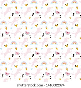 Seamless pattern with unicorns, clouds,stars, diamond, ice cream. Vector background illustration