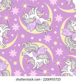 Seamless pattern and unicorns   crescent moon lilac background  For kids design wallpaper  fabric  backgrounds  wrapping paper   so on  Vector