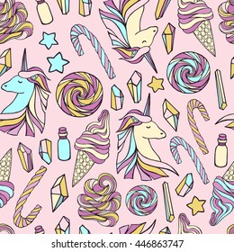 Seamless pattern with unicorns, crystals, ice cream cones and lollipops.