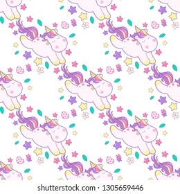 Seamless pattern with unicorns. Cute kawaii unicorn with magical elements. Vector background.