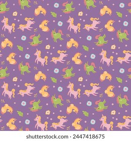 Seamless pattern with unicorns. Design for fabric, textiles, wallpaper, packaging.