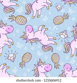 Seamless pattern with unicorns, donut rainbow, confetti, diamond and other elements. Vector background with labels, pins