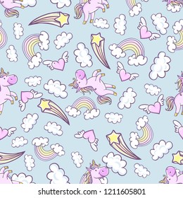 Seamless pattern with unicorns, donut rainbow, confetti, diamond and other elements. Vector background with labels, pins