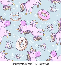 Seamless pattern with unicorns, donut rainbow, confetti, diamond and other elements. Vector background with labels, pins