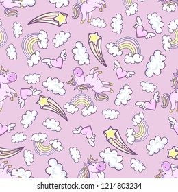 Seamless pattern with unicorns, donut rainbow, confetti, diamond and other elements. Vector background with labels, pins