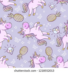 Seamless pattern with unicorns, donut rainbow, confetti, diamond and other elements. Vector background with labels, pins