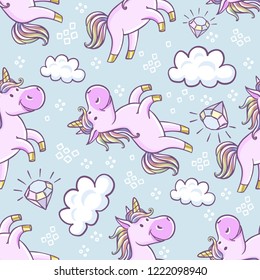 Seamless pattern with unicorns, donut rainbow, confetti, diamond and other elements. Vector background with labels, pins