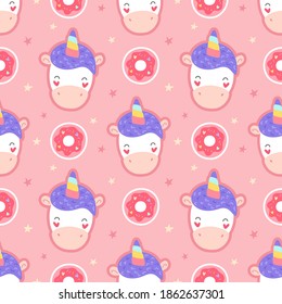 Seamless pattern with unicorns, donuts, pink background. Cartoon print on textiles, packaging, fabric, wallpaper.