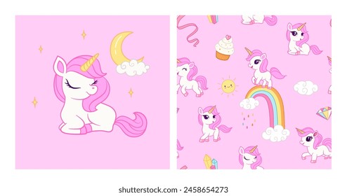 Seamless pattern with unicorns, donuts rainbow, confetti and other elements. Vector background with stickers, pins, patches in cartoon comic style.