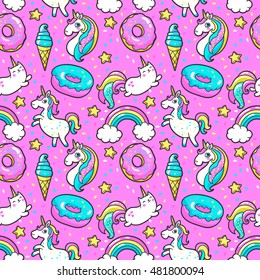 Seamless pattern with unicorns, donuts rainbow, confetti and other elements.Vector background with stickers, pins, patches in cartoon 80s-90s comic style.