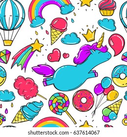 Seamless pattern with unicorns, donuts rainbow, icecream and other elements.