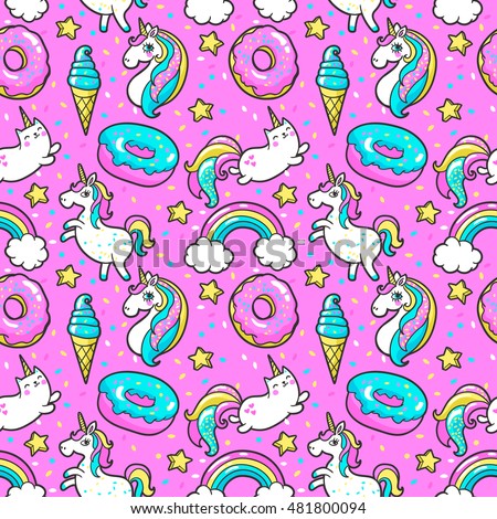 Seamless pattern with unicorns, donuts rainbow, confetti and other elements.Vector background with stickers, pins, patches in cartoon 80s-90s comic style.