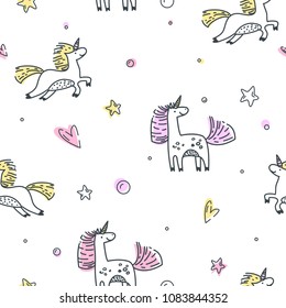 Seamless pattern with unicorns. Doodle cartoon characters. Black, white, pink, yellow, violet background. Vector banner, apparel design, fabric print. Outline elements