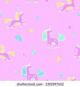 Seamless pattern with unicorns. Doodle cartoon characters. Cute Vector illustration for wrapping paper, fabric design, apparel print, party invitations, banner. Outline elements