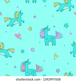 Seamless pattern with unicorns. Doodle cartoon characters. Cute Vector illustration for wrapping paper, fabric design, apparel print, party invitations, banner. Outline elements