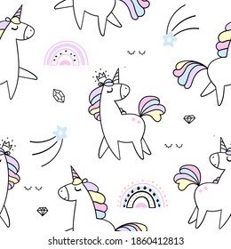 Seamless pattern with unicorns in the Doodle style. Rainbows, diamonds and stars on a white background. Bright vector illustration for children's clothing, Wallpaper, notebooks or gift wrapping.