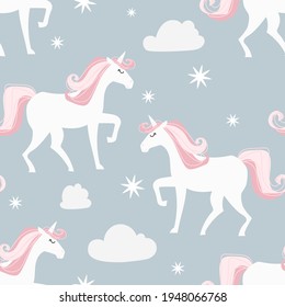 Seamless pattern with unicorns in the Doodle style. Rainbows and stars on a white background. Bright vector illustration for children's clothing, Wallpaper, notebooks or gift wrapping.