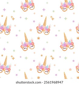 Seamless pattern with unicorns face on a white background. Vector childish illustration for printing on textile, fabric, wrapping paper. 