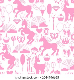 Seamless pattern with unicorns and fantasy items.