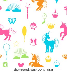 Seamless pattern with unicorns and fantasy items.