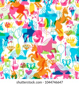 Seamless pattern with unicorns and fantasy items.