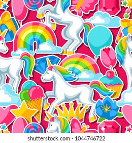 Seamless pattern with unicorns and fantasy items.