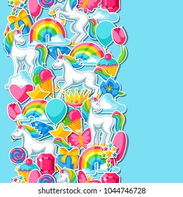 Seamless pattern with unicorns and fantasy items.